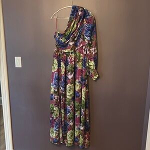 CHICME One-Shoulder Lantern Sleeve Dress in Purple, Blue & Green with high slit